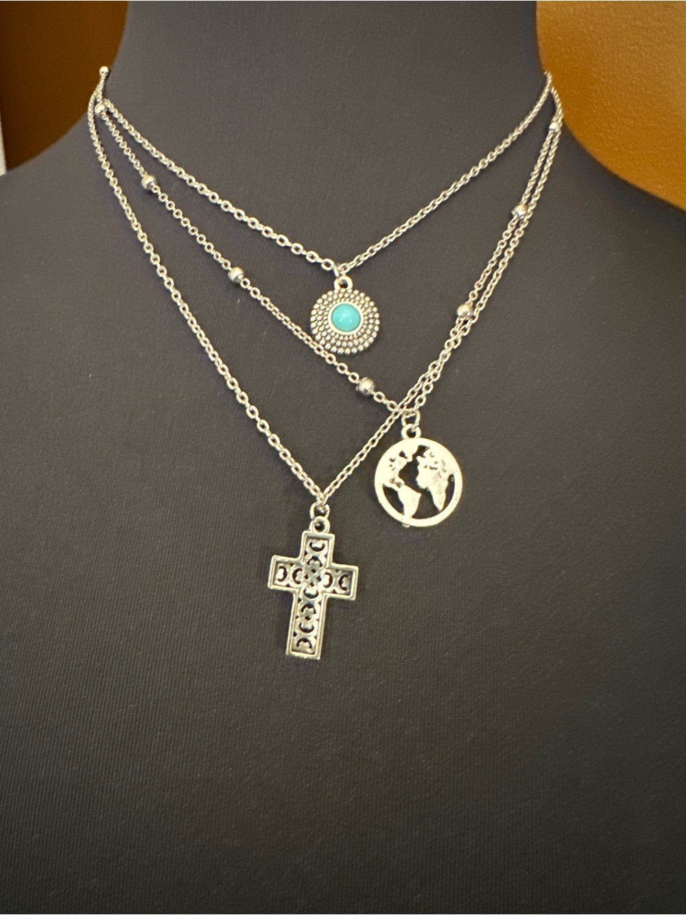 Layered Silver-Tone Cross, Globe & Turquoise Disc Necklace - Women Jewelry
